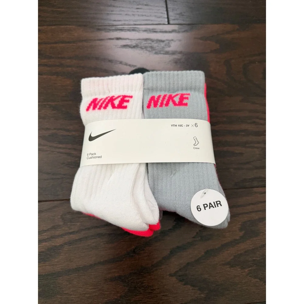 Nike Kids 6 Pack Cushioned Crew Socks White Grey Pink XS 10C-3Y BN0509-A4F